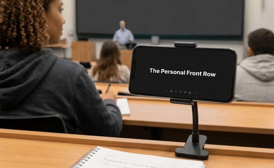 A student in a lecture hall takes notes beside a phone on the desk that shows the live slide.